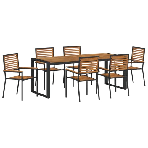 7 Teile Garten Essensemble Schwarz Akazie, Stapelbare Gartenstühle mit Kissen 2 Stück Schwarz Loungemöbel Set für Terrasse Hotel Garten Loungebereich von Tidyard