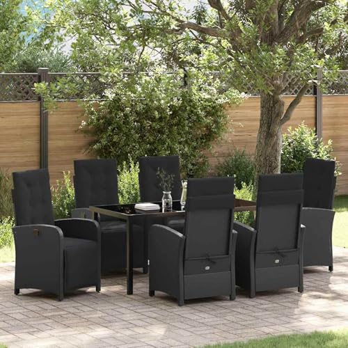 7-teilige Garten Essgruppe mit Kissen Schwarz Poly Rattan, Gartentisch Schwarz 160x80x73 cm Tempered Glass, Loungemöbel Set Sitzgruppe for Terrasse Hotel Loungebereich Restaurant3380313 von Tidyard