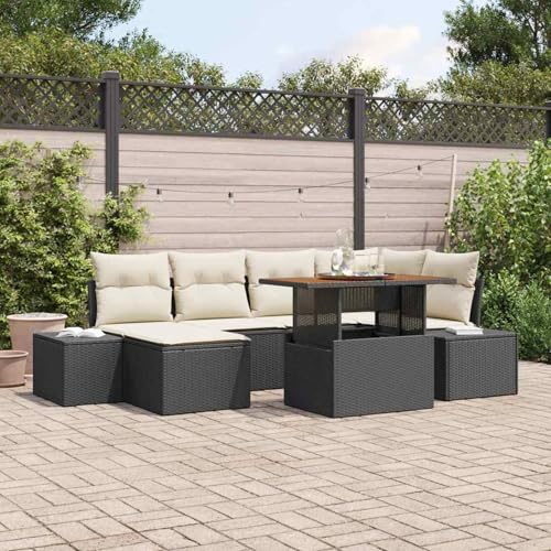 7-teilige Garten Essgruppe mit Kissen Schwarz Poly Rattan Akazie, Loungemöbel Set Essgruppe Sitzgruppe for Terrasse Hotel Loungebereich Restaurant3349984 von Tidyard