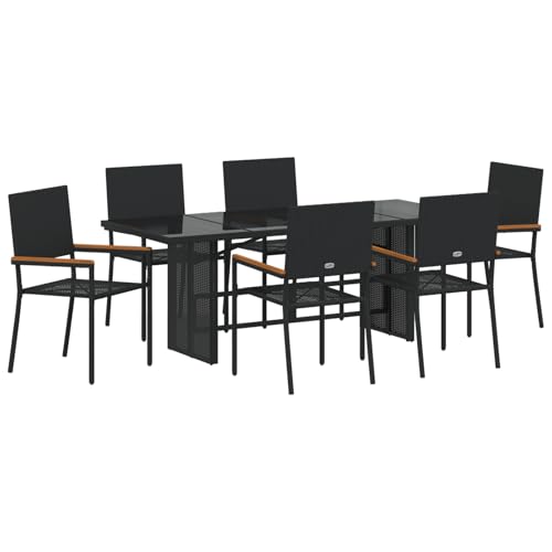 7-teiliges Garten-ESS-Set Schwarzes, Stapelbare Gartenstühle mit Kissen - 2er Set in Schwarzem Loungemöbel Set für Terrasse Hotel Garten Loungebereich von Tidyard