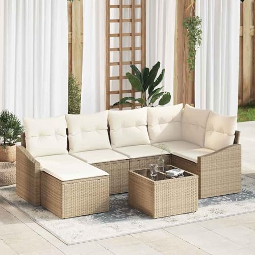 7-teiliges Garten Essbereich mit Kissen Braun Poly Rattan, Loungemöbel Set Essgruppe Sitzgruppe for Terrasse Hotel Loungebereich Restaurant3355470 von Tidyard