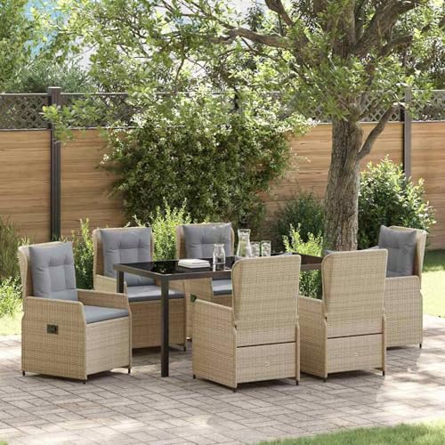7-teiliges Garten Essgruppe Beige Poly Rattan, Gartentisch Schwarz 160x80x73 cm, Loungemöbel Set Essgruppe Sitzgruppe for Terrasse Hotel Loungebereich Restaurant3380964 von Tidyard