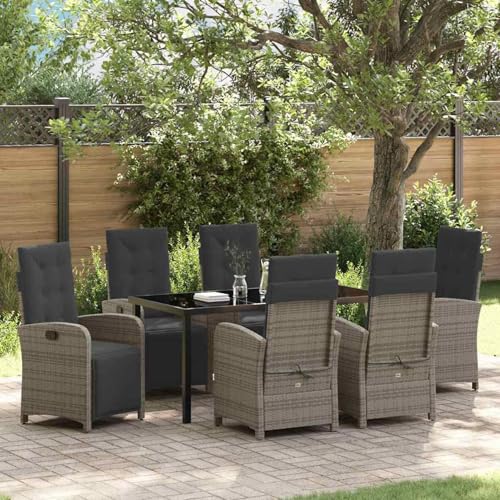 7-teiliges Garten-Essgruppen-Set mit Kissen in Grau aus Poly Rattan, Gartentisch Schwarz 160x80x73cm, Loungemöbel Set Essgruppe Sitzgruppe for Terrasse Hotel Loungebereich Restaurant3380327 von Tidyard
