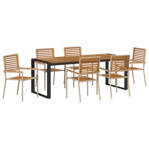 7-teiliges Garten Essset Beige Akazie, Stapelbare Gartenstühle mit Kissen - Set von 2 in Beige Loungemöbel Set für Terrasse Hotel Garten Loungebereich von Tidyard