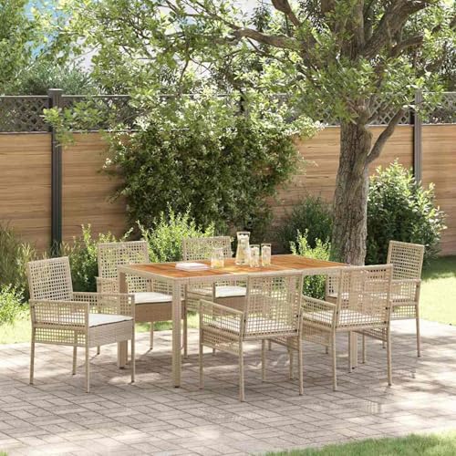 7-teiliges Garten Essset mit Kissen Beige Poly-Rattan, Loungemöbel Set Essgruppe Sitzgruppe for Terrasse Hotel Loungebereich Restaurant3334920 von Tidyard