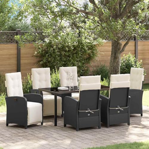 7-teiliges Garten-Essset mit Kissen Schwarz Poly-Rattan, Gartentisch Schwarz 160x80x73 cm, Loungemöbel Set Essgruppe Sitzgruppe for Terrasse Hotel Loungebereich Restaurant3380306 von Tidyard