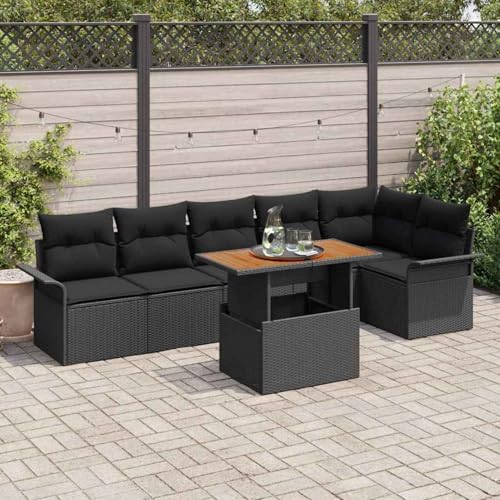 7-teiliges Garten Essset mit Kissen Schwarz Poly Rattan Akazie, Loungemöbel Set Essgruppe Sitzgruppe for Terrasse Hotel Loungebereich Restaurant3349344 von Tidyard