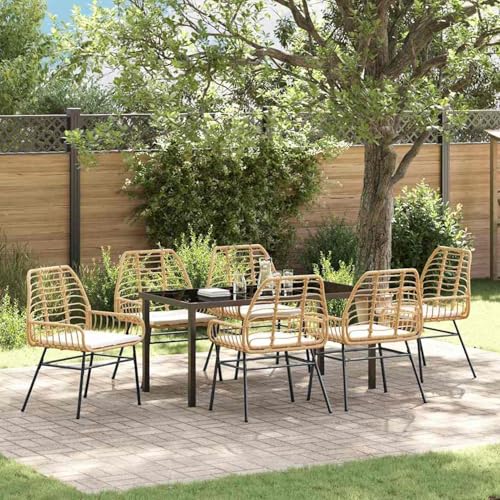 7-teiliges Garten-Essset mit Polstern Braun Poly-Rattan, Loungemöbel Set Essgruppe Sitzgruppe for Terrasse Hotel Loungebereich Restaurant3380866 von Tidyard