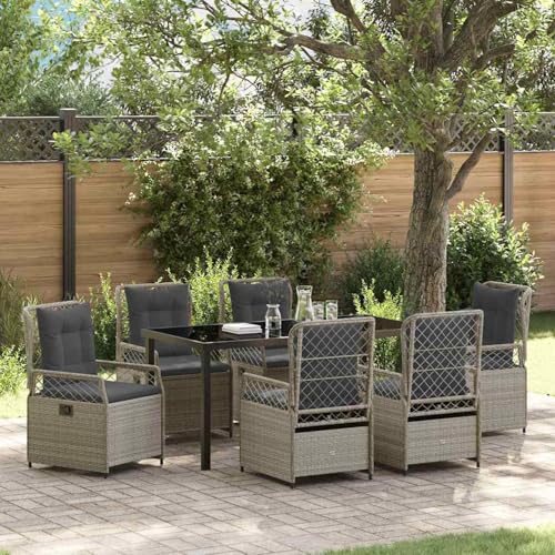 7-teiliges Garten-Esstisch-Set Hellgrau Poly-Rattan, Loungemöbel Set Essgruppe Sitzgruppe for Terrasse Hotel Loungebereich Restaurant3381020 von Tidyard