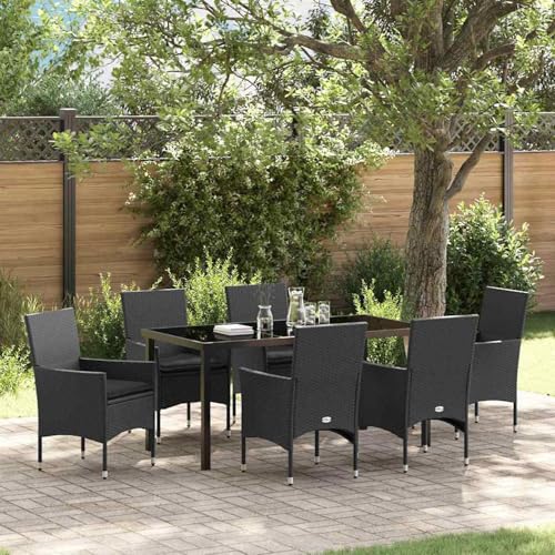 7-teiliges Garten Esstisch Set mit Kissen schwarzes Poly-Rattan, Gartentisch Schwarz 160x80x73 cm, Loungemöbel Set Essgruppe Sitzgruppe for Terrasse Hotel Loungebereich Restaurant3379776 von Tidyard