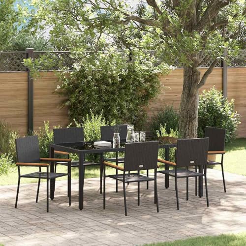7-teiliges Garten-Esszimmer Set, Stapelbare Gartenstühle mit Kissen 2-teiliges Set in Schwarz Poly-Rattan, Loungemöbel Set Sitzgruppe for Terrasse Hotel Loungebereich Restaurant3365393 von Tidyard