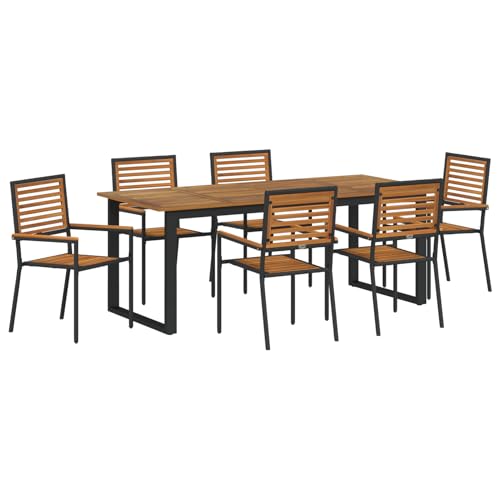 7-teiliges Garten Esszimmer Set Schwarz Akazie, Stapelbare Gartenstühle mit Kissen 2 STK Schwarz Loungemöbel Set für Terrasse Hotel Garten Loungebereich von Tidyard