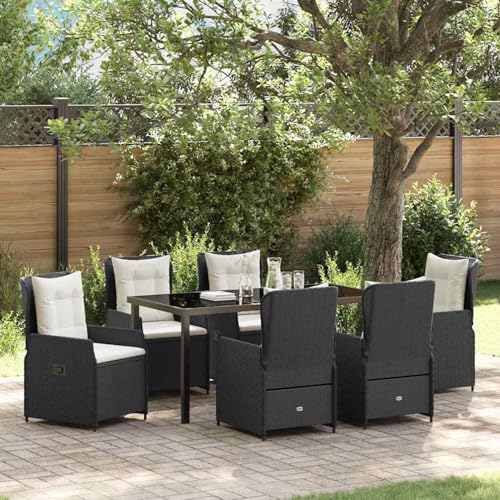 7-teiliges Garten Esszimmer Set Schwarz Poly-Rattan, Gartentisch Schwarz 160x80x73 cm, Loungemöbel Set Essgruppe Sitzgruppe for Terrasse Hotel Loungebereich Restaurant3380943 von Tidyard