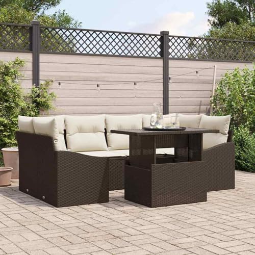 7-teiliges Garten Sofa Set mit Kissen Braun Poly Rattan, Outdoor Loungemöbel Sitzgruppe Essgruppe Sofa Sessel für Garten Terrasse Balkon3348934 von Tidyard