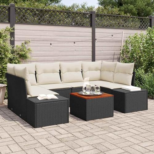 7-teiliges Garten Sofa Set mit Kissen Schwarz Poly Rattan Akazie, Outdoor Loungemöbel Sitzgruppe Essgruppe Sofa Sessel für Garten Terrasse Balkon3347908 von Tidyard