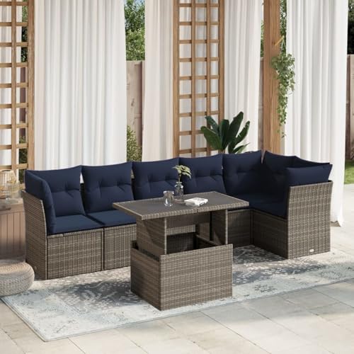 7-teiliges Gartensofa-Set mit Kissen, grau, Polyrattan, Outdoor Loungemöbel Sitzgruppe Essgruppe Sofa Sessel für Garten Terrasse Balkon3266601 von Tidyard
