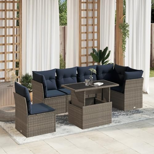 7-teiliges Gartensofa-Set mit Kissen, grau, Polyrattan, Outdoor Loungemöbel Sitzgruppe Essgruppe Sofa Sessel für Garten Terrasse Balkon3266621 von Tidyard