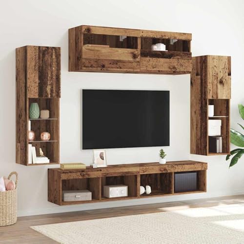 8 Stück TV-Wandeinheiten mit LED Altholz Engineered Wood, Wohnwand Kombination TV-Bank für Wohnzimmer Büro Home-Cinema3334380 von Tidyard
