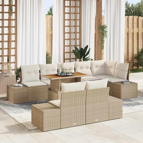 9-teiliges Garten Essset mit Kissen Beige Poly Rattan Akazienholz, Loungemöbel Set Essgruppe Sitzgruppe for Terrasse Hotel Loungebereich Restaurant3349980 von Tidyard