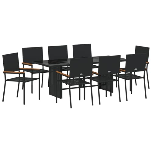 9-teiliges Garten Esstisch Set Schwarz, Stapelbare Gartenstühle mit Kissen 2-teiliges Set aus schwarzem Loungemöbel Set für Terrasse Hotel Garten Loungebereich von Tidyard