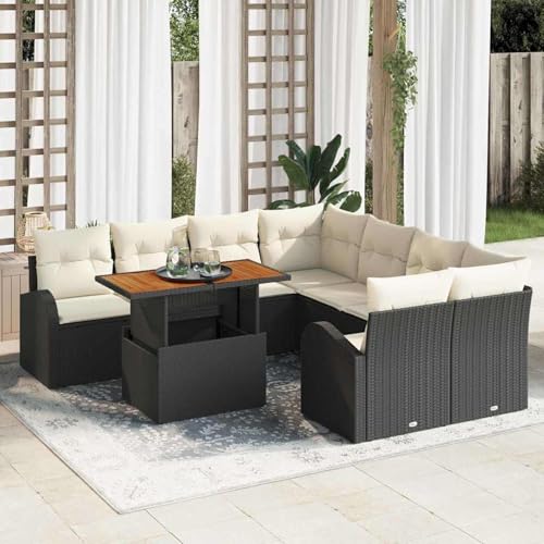 9-teiliges Garten Esstisch Set mit Kissen Schwarz Poly Rattan Akazie, Loungemöbel Set Essgruppe Sitzgruppe for Terrasse Hotel Loungebereich Restaurant3349564 von Tidyard