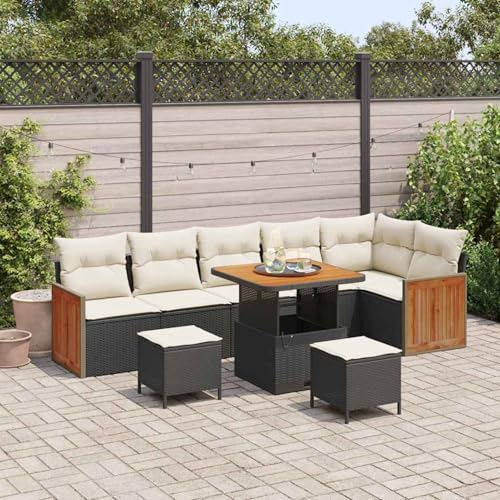 9-teiliges Garten Sofa Set mit Kissen Schwarz Poly Rattan Akazie, Outdoor Loungemöbel Sitzgruppe Essgruppe Sofa Sessel für Garten Terrasse Balkon von Tidyard