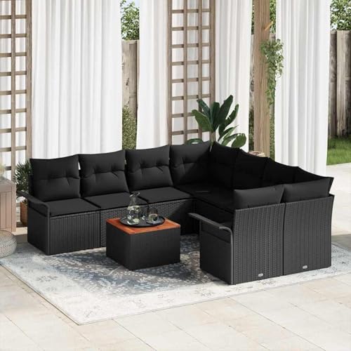 9-teiliges Garten Sofa Set mit Kissen Schwarz Poly Rattan Akazie, Outdoor Loungemöbel Sitzgruppe Essgruppe Sofa Sessel für Garten Terrasse Balkon3347310 von Tidyard