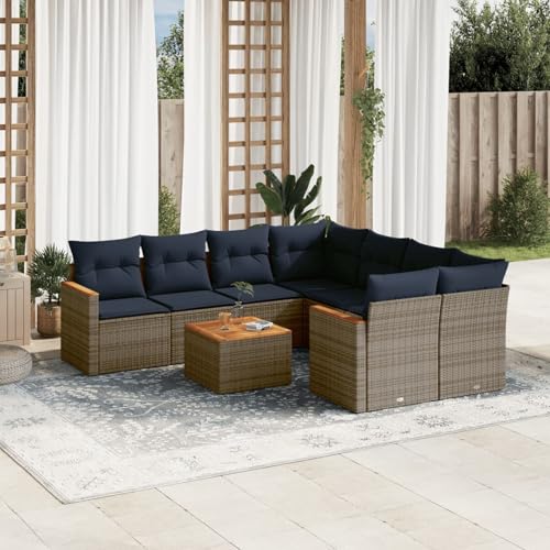 9-teiliges Gartensofa-Set mit Kissen, grau, Polyrattan, Outdoor Loungemöbel Sitzgruppe Essgruppe Sofa Sessel für Garten Terrasse Balkon3225830 von Tidyard