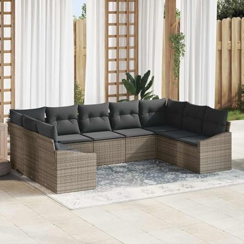 9teiliges Garten Esstisch Set mit Kissen Grau Poly Rattan, Loungemöbel Set Essgruppe Sitzgruppe for Terrasse Hotel Loungebereich Restaurant3355548 von Tidyard