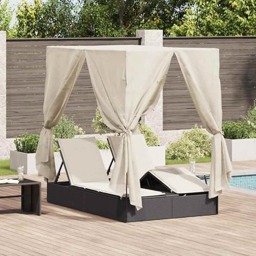 Doppel-Sonnenliege mit Dach und Vorhängen Schwarz Poly-Rattan, Gartenliegestuhl Strandliege Relaxliege für Strand Garten Terrasse Camping3376127 Doppel-Sonnenliege mit Dach und Vorhängen Schwarz Poly-Rattan, Gartenliegestuhl Strandliege Relaxliege für Strand Garten Terrasse Camping3376127 von Tidyard