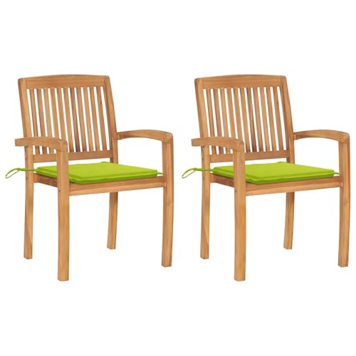 Gartenstühle 2 STK. mit Hellgrünen Kissen Massivholz Teak Gartenstühle Terrassenstuhl für Garten Pool Terrasse Esszimmer Gartenmöbel von Tidyard