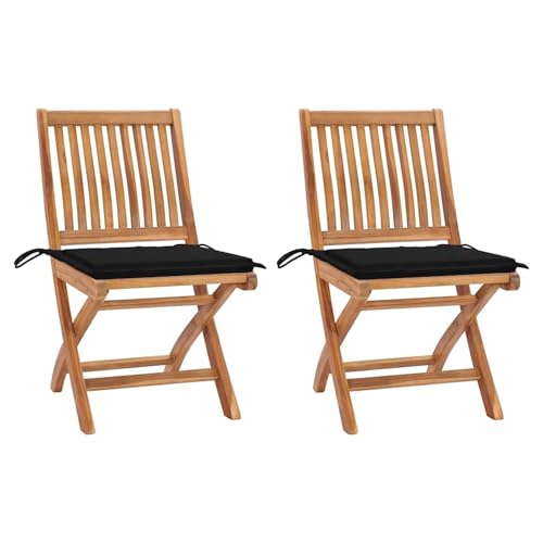 Gartenstühle 2 STK. mit Schwarzen Kissen Teak Massivholz Gartenstühle Terrassenstuhl für Garten Pool Terrasse Esszimmer Gartenmöbel von Tidyard