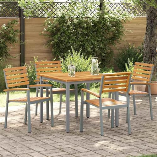 Gartenstühle 4 Stück Grau Massivholz Akazie und Stahl, Gartenstühle Terrassenstuhl für Garten Pool Terrasse Esszimmer Gartenmöbel4010625 von Tidyard