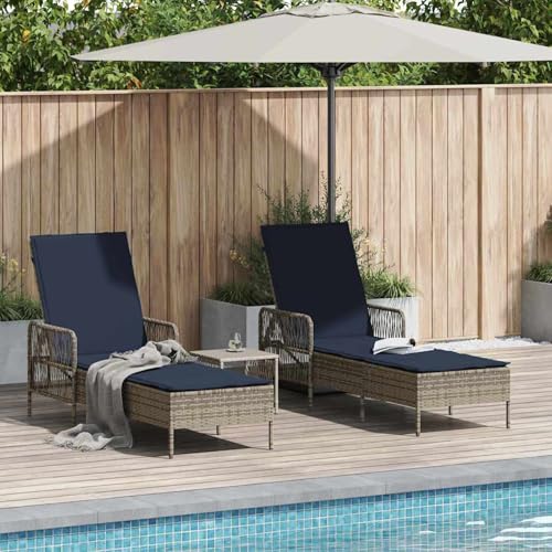 Sonnenliege Set aus 3 Grau und Marineblau PE-Rattan, Metall, Gartenliegestuhl Strandliege Relaxliege für Strand Garten Terrasse Camping365438 von Tidyard