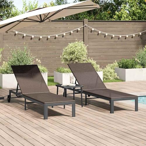 Sonnenliegen 2 Stück mit Rädern und Tisch Braun Poly Rattan, Gartenliegestuhl Strandliege Relaxliege für Strand Garten Terrasse Camping42004130 von Tidyard