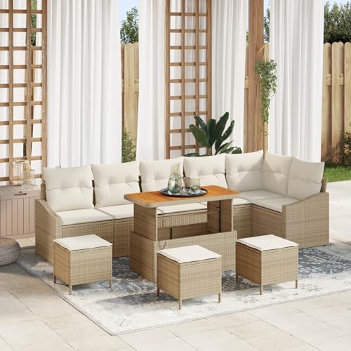 Tidyard 10-teiliges Garten Sofa Set mit Kissen Beige Poly Rattan Akazie von Tidyard