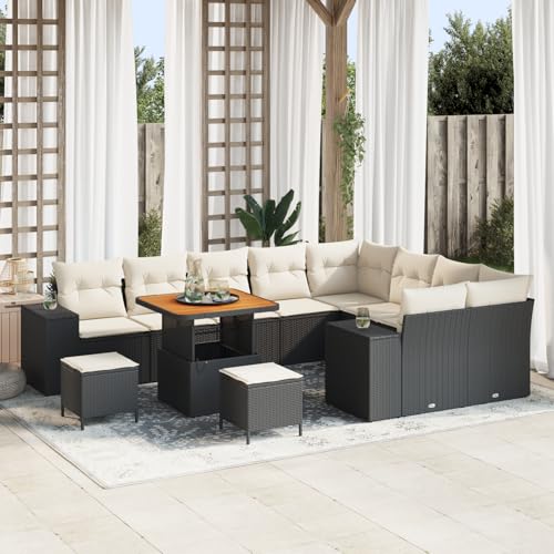 Tidyard 12-teiliges Garten Sofa Set mit Kissen Schwarz Poly Rattan Akazie von Tidyard