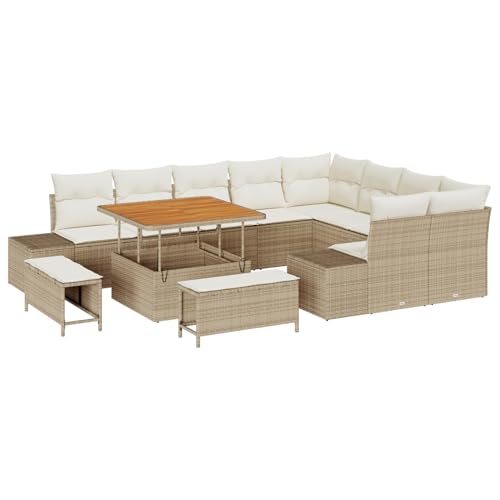 Tidyard 12-teiliges Garten-Sofa-Set mit Kissen in Beige Poly Rattan Akazie Lounge Möbel Outdoor von Tidyard