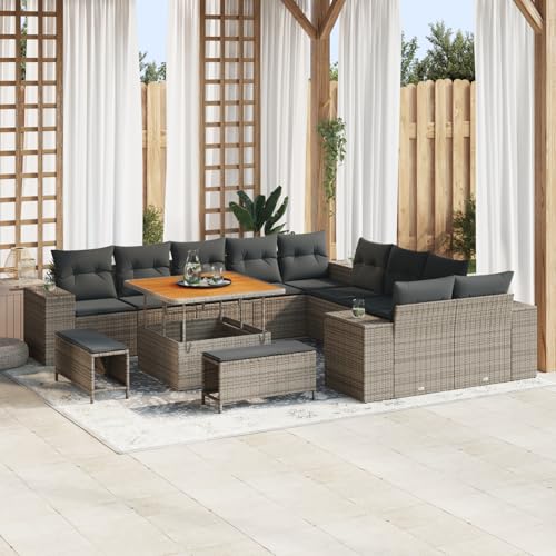 Tidyard 13-teiliges Garten Sofa Set mit Kissen Grau Poly Rattan Akazie von Tidyard