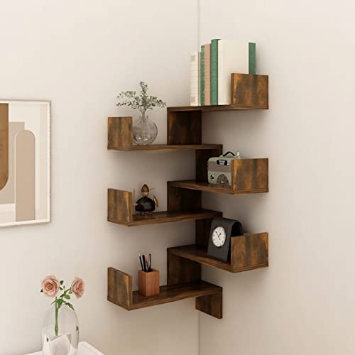 Tidyard 2 STK. Wand Eckregal Hängeregal Schweberegal Wandregal Dekoregal Bücherregal Schwimmendes Wandmontiertes Display Organizer Regal Räuchereiche 40x40x50 cm Holzwerkstoff von Tidyard