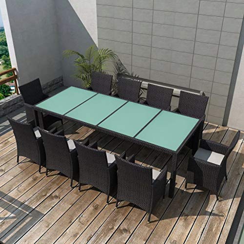 Tidyard 21-teilige Gartengarnitur Set Garten Essgruppe | Polyrattan Gartengruppe Gartenmöbelset für Garten oder Terrasse | inkl. 1 Tisch mit Glas-Tischplatte, 10 Stühle und 10 Sitzpolster - Schwarz von Tidyard