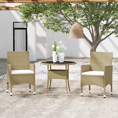 Tidyard 3-TLG. Garten Essgruppe, Polyrattan Balkon Set 2 Personen — Tisch mit Glasplatte & 2 Stühlen — Wetterfeste Balkonmöbel — Beige von Tidyard