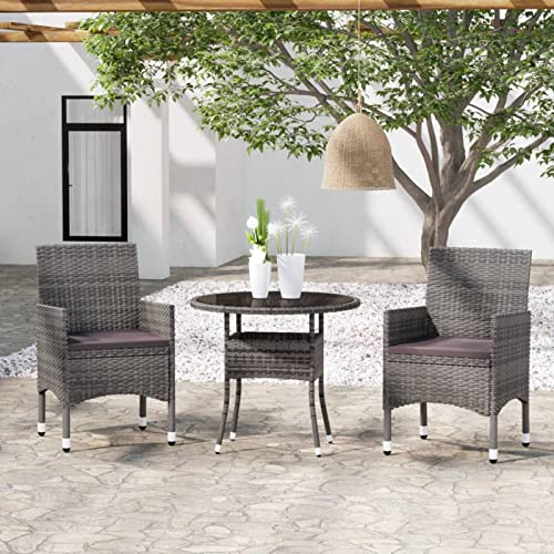 Tidyard 3-TLG. Garten Essgruppe, Polyrattan Balkon Set 2 Personen — Tisch mit Glasplatte & 2 Stühlen — Wetterfeste Balkonmöbel — Grau von Tidyard