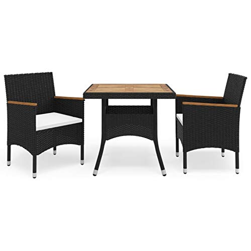 Tidyard 3-tlg. Garten Essgruppe Poly Rattan Sitzgruppe 2 Stühle Gartentisch Gartenmöbel Sitzgarnitur Set Gartengarnitur Gartenmöbel Schwarz Poly Rattan und Akazienholz von Tidyard