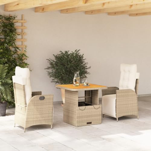Tidyard 3-TLG.Garten Essgruppe 2 Personen Gartenmöbel Set Terrassenmöbel Set mit Kissen Sitzgruppe Esstisch mit Verstellbare Tischplatte & 2 Stuhl,Gartengruppe Sitzgarnitur Beige Poly Rattan von Tidyard