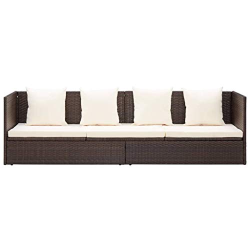 Tidyard 3er Loungesofa Poly Rattan Sonnenliege Gartenliege Gartensofa mit Beiden Seiten 7-Fach Verstellbar Braun und Cremeweiß 200 x 60 x 58 cm von Tidyard