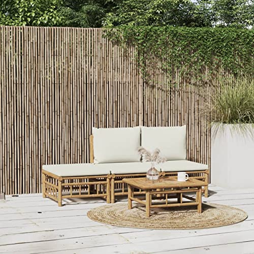 Tidyard 4-TLG. Garten Lounge Sofa, Balkonlounge, Terrassensofa, Garten Sitzgruppe, Outdoor Sofa, Garten Möbelsets Bambus, Kissen, Creme, 2x Mittelteil + Fußstütze + Tisch von Tidyard