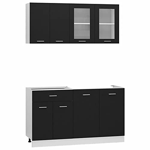 Tidyard 4-tlg. Küchenzeile Küchenblock Einbauküche Küchenschrank Aufbewahrungsschrank Küchenhelfer Geschirrschrank Küchenmöbel Schwarz Spanplatte von Tidyard