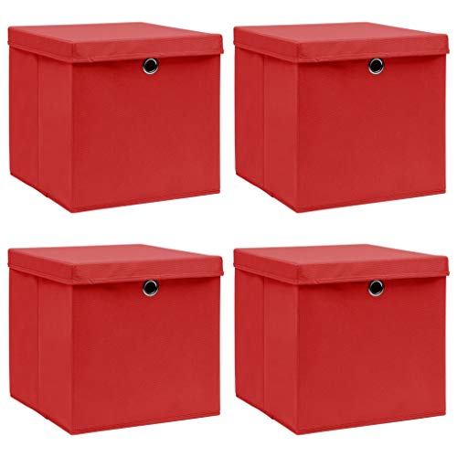 Tidyard 4X Aufbewahrungsbox, Faltbare Vliesstoff Kleidung Ablagekorb, mit Deckel, Faltbare Aufbewahrungskiste für Kleiderschrank, Kleidung, Bücher, Kosmetik, Spielzeug Rot 32 x 32 x 32 cm von Tidyard