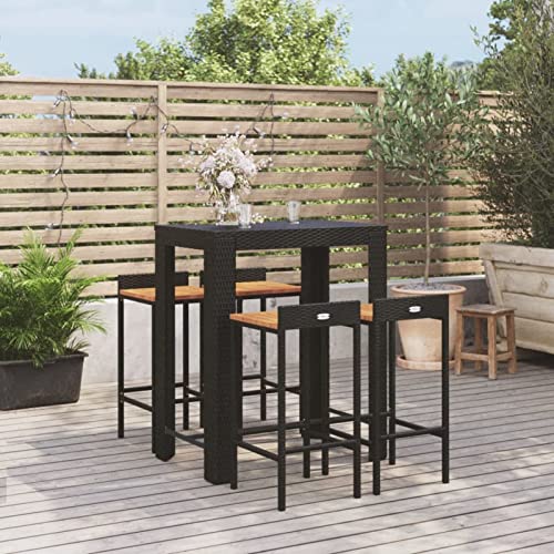 Tidyard 5-TLG. Gartenbar Set, Bartisch mit Barhocker Set, Rattan Bartisch Set Outdoor, Bar Set, Schwarz Poly Rattan & Massivholz Akazie von Tidyard